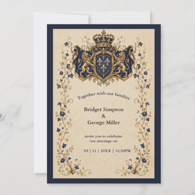 Mediaeval lion crest Botanical Wedding Invitation (Front)
