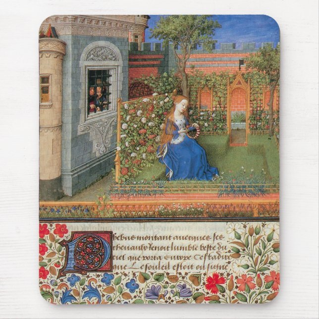 Mediaeval maiden in courtyard rose garden mouse pad (Front)