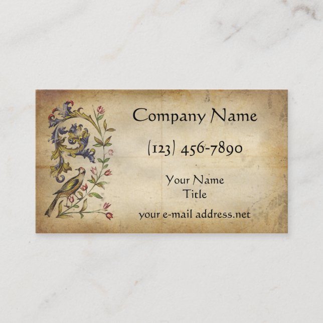Mediaeval Manuscript Floral Bird Business Card (Front)