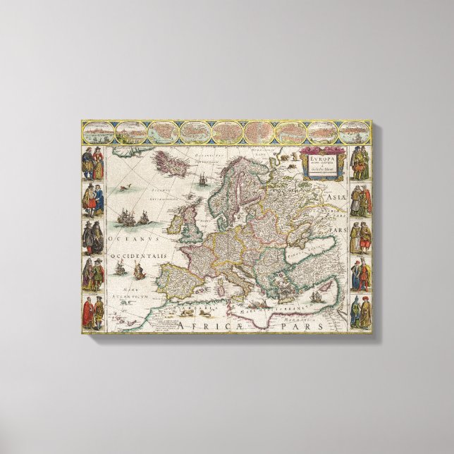 Mediaeval Map of Europe (by Willem Blaeu) Canvas Print (Front)