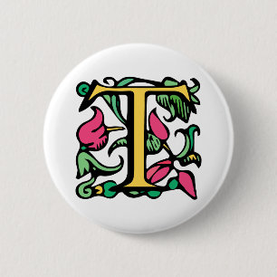 Mediaeval Monogram Letter T 6 Cm Round Badge