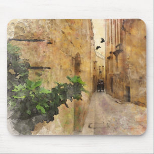 Mediaeval Narrow Street Old Buildings Watercolor Mouse Pad
