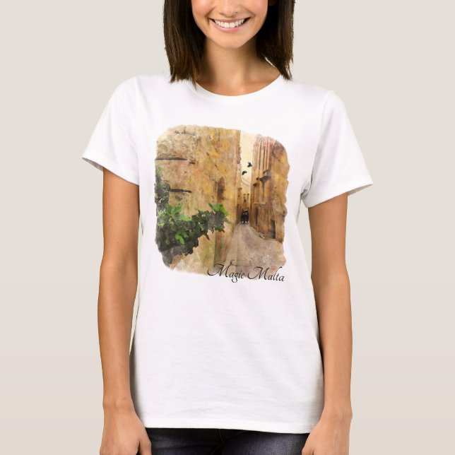 Mediaeval Narrow Street Old Buildings Watercolor T-Shirt (Front)