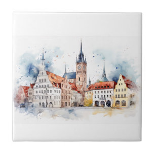 Mediaeval old city watercolor tile