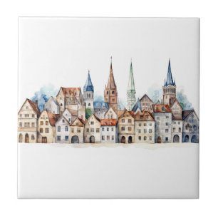 Mediaeval old city watercolor tile