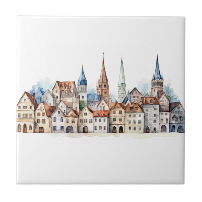 Mediaeval old city watercolor tile (Front)
