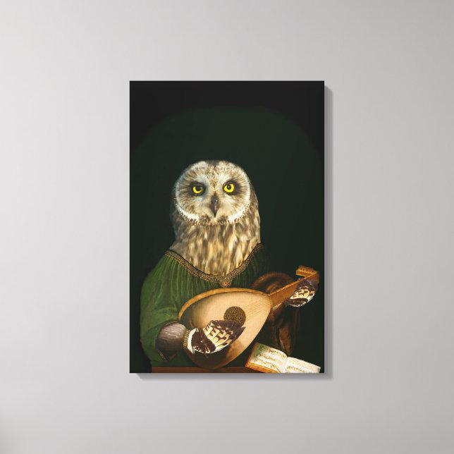 Mediaeval Owl Plays the Lute - Anthropomorphic Art Canvas Print (Front)