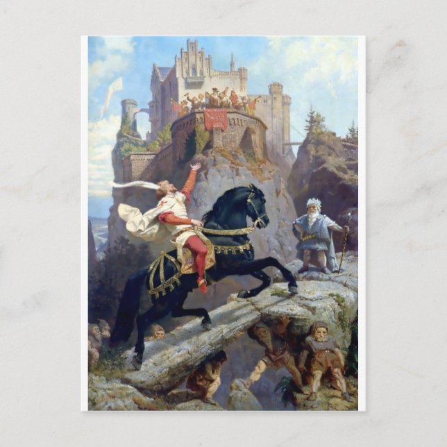 Mediaeval Prince black horse gnomes castle Postcard (Front)