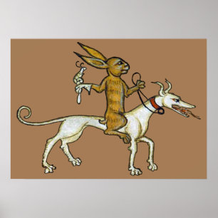 Mediaeval Rabbit Riding Dog and Holding Snail Poster