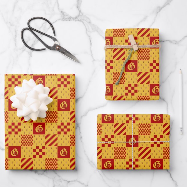 Mediaeval Red Yellow Vair Ermine Heraldic Pattern Wrapping Paper Sheet (Front)