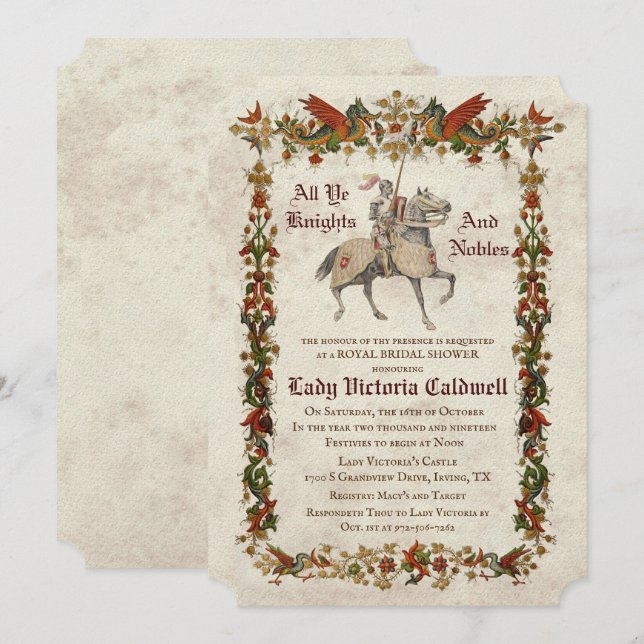 Mediaeval Renaissance Bridal Shower Invitation (Front/Back)