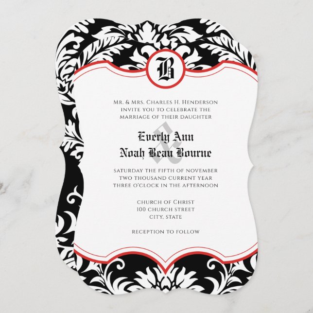  Mediaeval Renaissance Damask Red Accents Wedding Invitation (Front/Back)