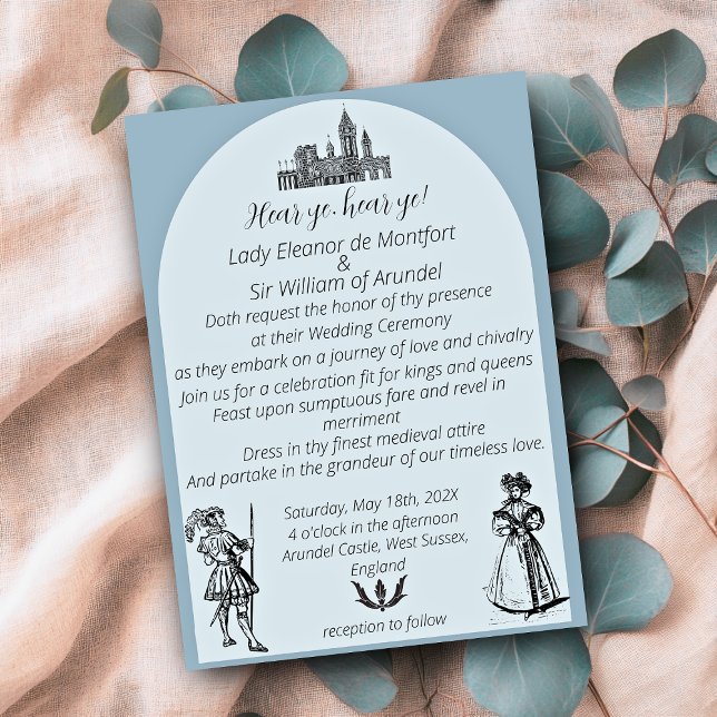 Mediaeval Renaissance Dusty Blue Arch Wedding Invitation (Medieval Dusty Blue Arched Wedding Invitations)
