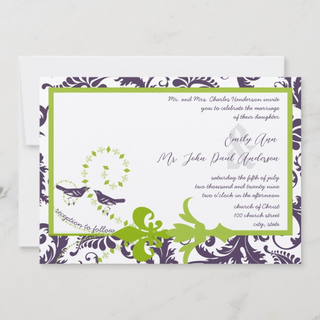 Mediaeval Renaissance Green Purple Floral Damask Invitation (Front)