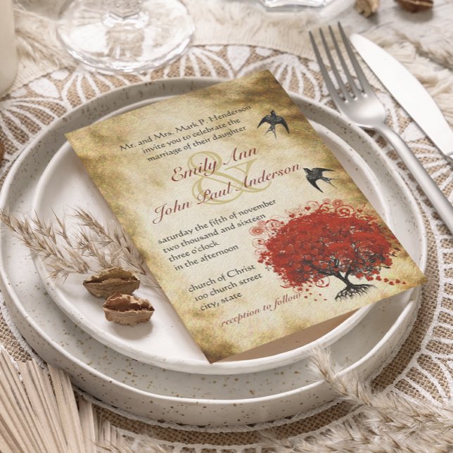 Mediaeval Renaissance Heartleaf Red Tree Love Bird Invitation (Creator Uploaded)