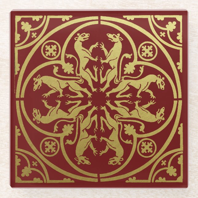 Mediaeval Renaissance Herald Lion Leopard Metallic Glass Coaster (Front)