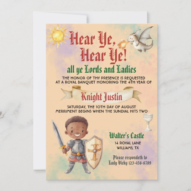 Mediaeval Renaissance Knight Birthday Invitation (Front)