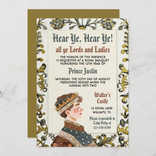 Mediaeval Renaissance Prince Birthday Invitation (Front/Back)