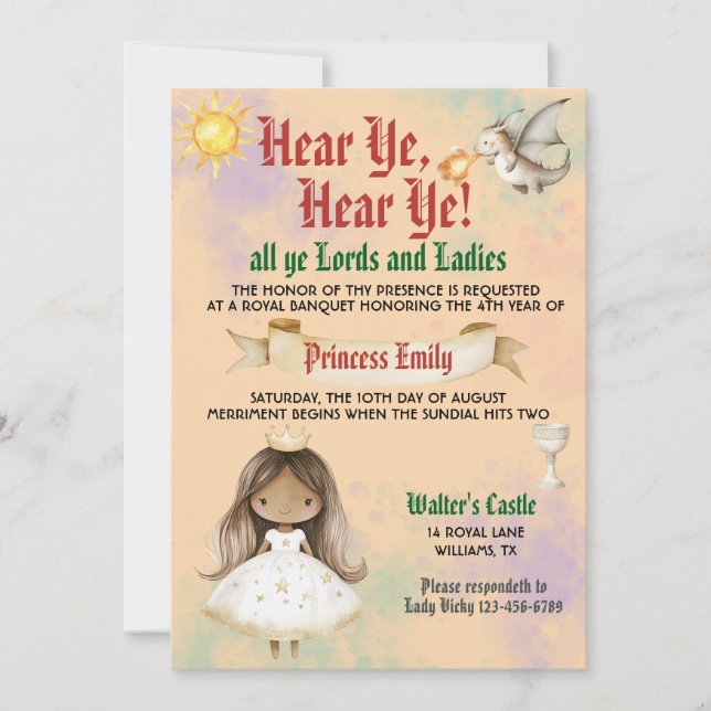 Mediaeval Renaissance Princess Birthday Invitation (Front)