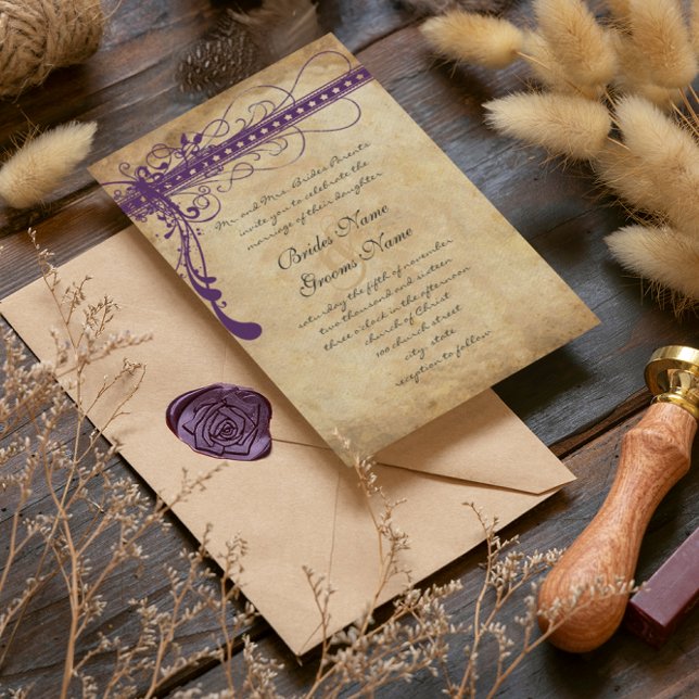 Mediaeval Renaissance Purple Faux Parchment Invitation (This is what it would look like with a different font for the bride and groom. Check out our fonts! )