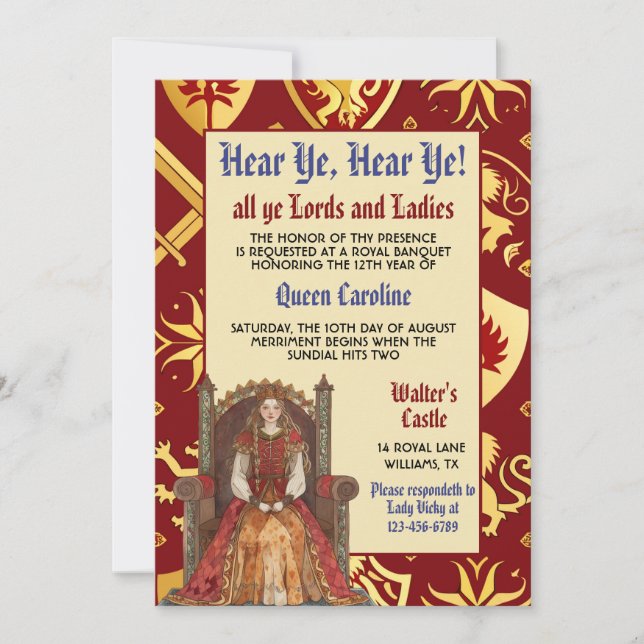 Mediaeval Renaissance Queen Birthday Invitation (Front)