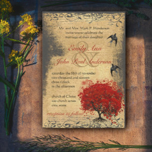 Mediaeval Renaissance Red Tree Vintage Bird Weddin Invitation