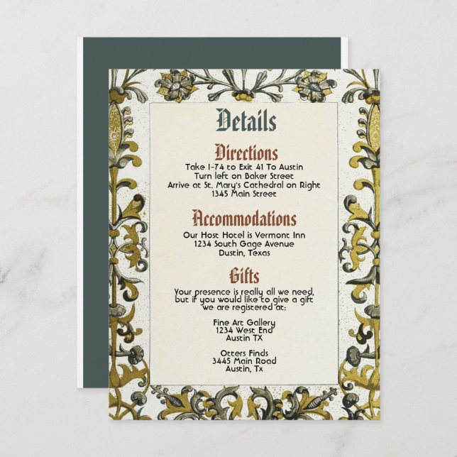 Mediaeval Renaissance Royal Wedding Details Card (Front/Back)