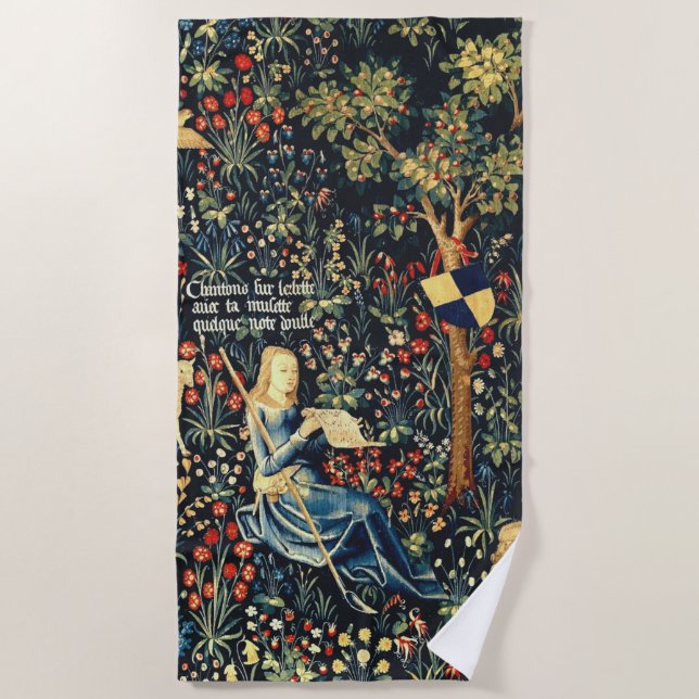 Mediaeval Renaissance Tapestry  Shepherds and Shee Beach Towel (Front)