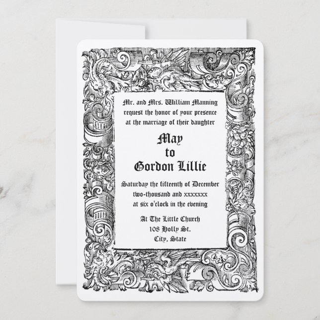 Mediaeval Renaissance Woodblock Border Wedding Invitation (Front)