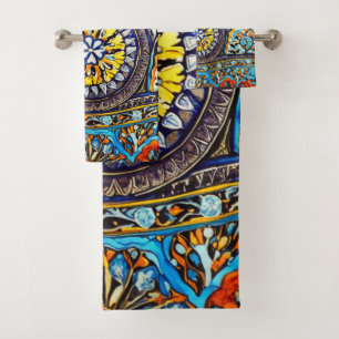 Mediaeval Roman Italian Spanish Majolica Floral Bath Towel Set
