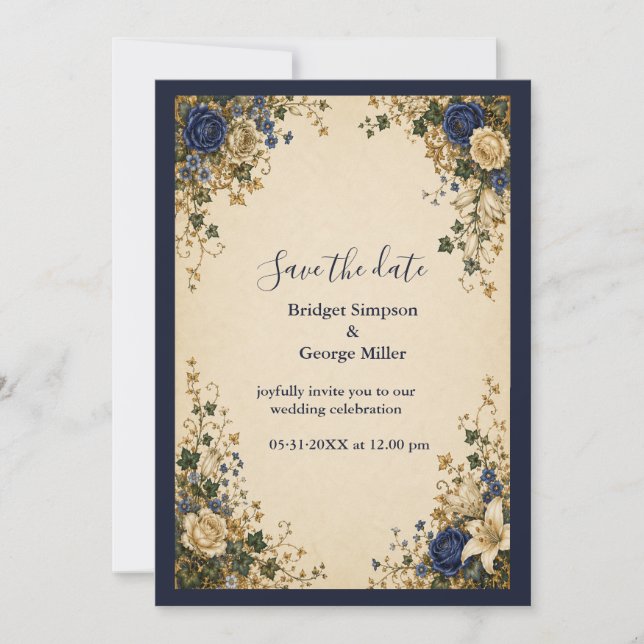 Mediaeval Royal Blue Botanical Floral Wedding Invitation (Front)