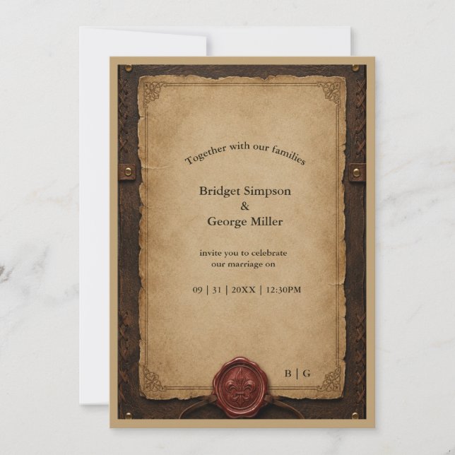Mediaeval Rustic Leather Wax Seal Wedding Invitation (Front)