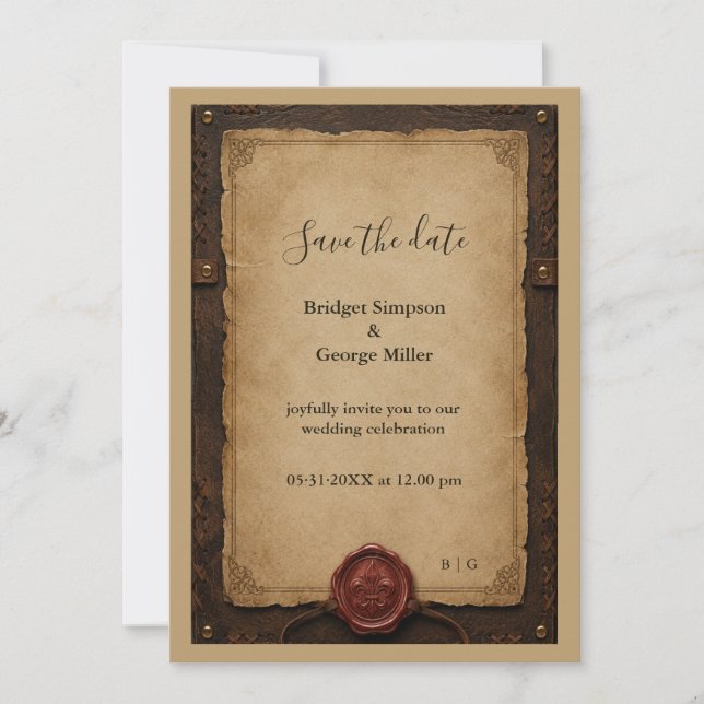Mediaeval Rustic Leather Wax Seal Wedding Invitation (Front)