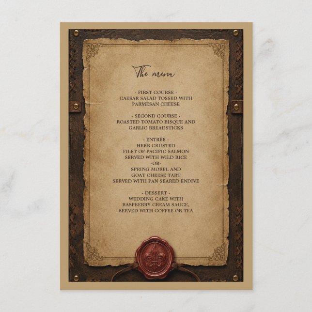 Mediaeval Rustic Leather Wax Seal Wedding Menu (Front)