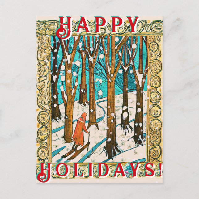 Mediaeval Skiing Winter Happy Holidays  Postcard (Front)