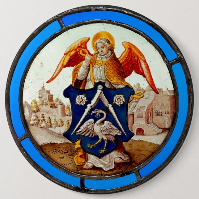Mediaeval Stained Glass Angel and Coat of Arms 6 Cm Round Badge (Front)