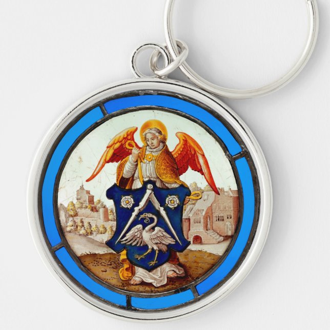 Mediaeval Stained Glass Angel and Coat of Arms Key Ring (Front)