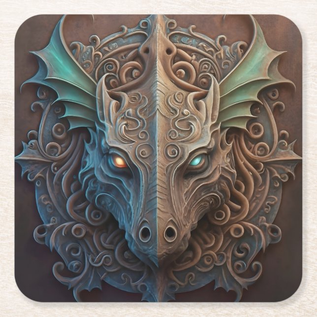 Mediaeval Stone Gargoyle Dragon Carving Square Paper Coaster (Front)