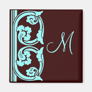 Mediaeval Teal on Chocolate Brown Monogram Magnet