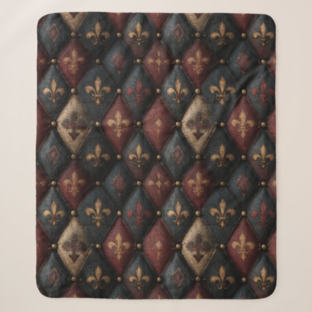 Mediaeval Tufted Fleur-de-Lis Harlequin Pattern (2 Sherpa Blanket (Front)