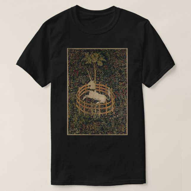 Mediaeval Unicorn In Captivity Floral Tapestry Sti T-Shirt (Design Front)