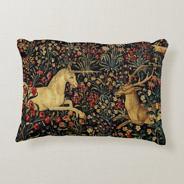 Mediaeval Unicorn Midnight Floral Garden Decorative Cushion (Back)