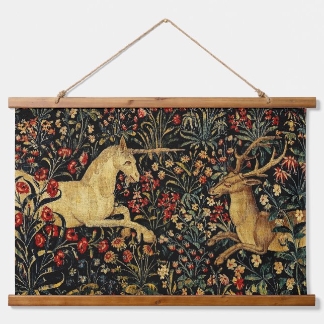 Mediaeval Unicorn Midnight Floral Garden Hanging Tapestry (Front)