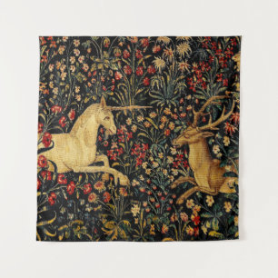 Mediaeval Unicorn Midnight Floral Garden Tapestry