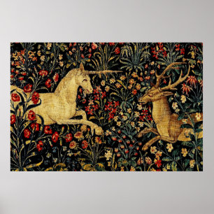 Mediaeval Unicorn Midnight Floral Garden Tapestry Poster