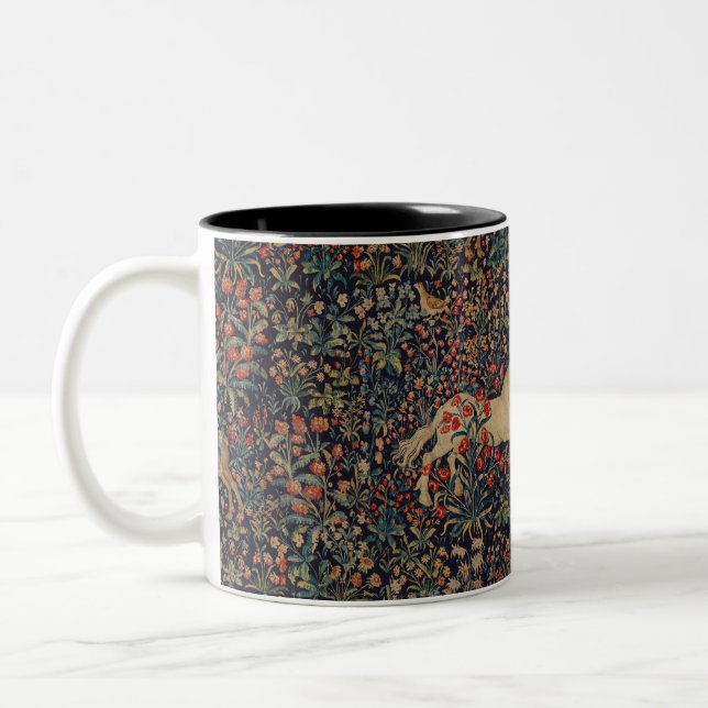 Mediaeval Unicorn Midnight Floral Garden Two-Tone Coffee Mug (Left)