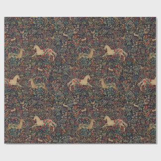 Mediaeval Unicorn Midnight Floral Garden Wrapping Paper