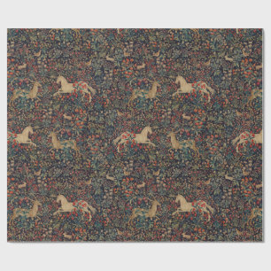 Mediaeval Unicorn Midnight Floral Garden Wrapping Paper