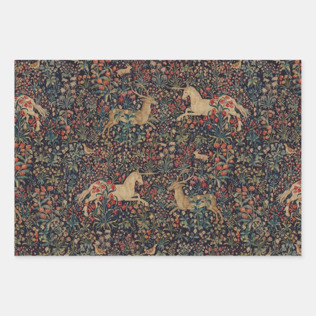 Mediaeval Unicorn Midnight Floral Garden Wrapping Paper Sheet (Front)