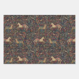Mediaeval Unicorn Midnight Floral Garden Wrapping Paper Sheet